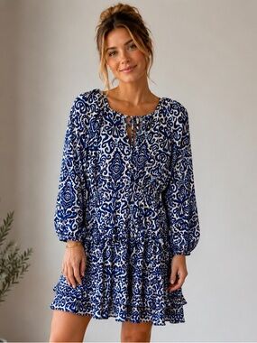 Zara Blue White Abstract Print Ruffle Mini Dress Large Boho Viscose